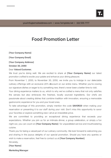 Free Food Promotion Letter Template to Edit Online