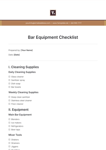 Free Bar Equipment Checklist Template to Edit Online