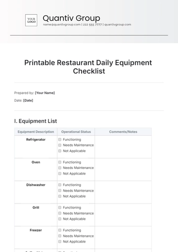 Free Printable Restaurant Daily Equipment Checklist Template to Edit Online