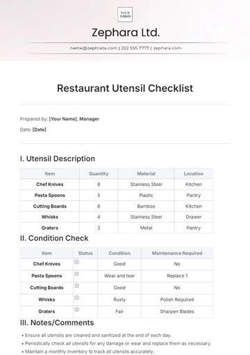 Free Restaurant Utensil Checklist Template to Edit Online