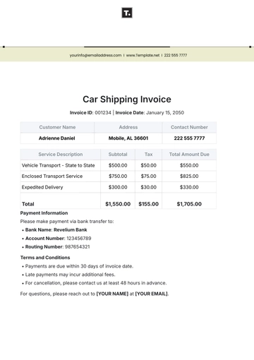 Free Car Shipping Invoice Template to Edit Online