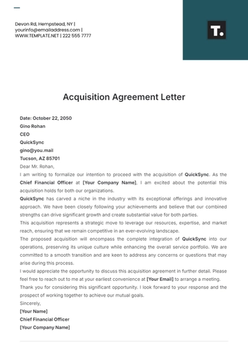 Free Acquisition Agreement Letter Template to Edit Online