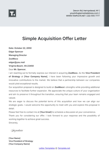 Free Simple Acquisition Offer Letter Template to Edit Online
