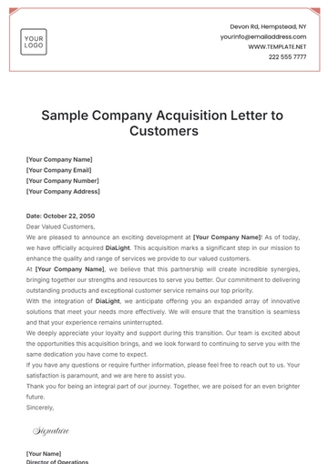Free Sample Company Acquisition Letter to Customers Template to Edit Online
