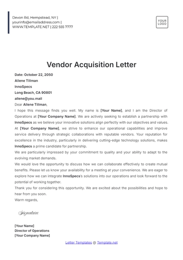 Free Vendor Acquisition Letter Template to Edit Online