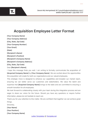 Free Acquisition Employee Letter Format Template to Edit Online