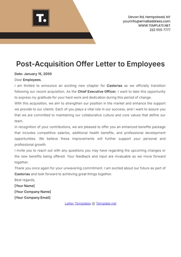 Free Post-Acquisition Offer Letter to Employees Template to Edit Online