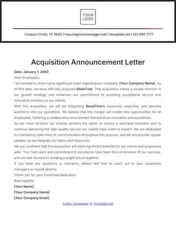 Free Acquisition Announcement Letter Template to Edit Online
