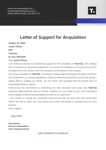 Free Letter of Support for Acquisition Template to Edit Online