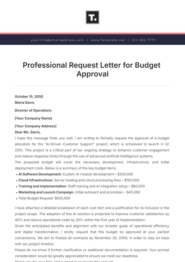 Free Professional Request Letter for Budget Approval Template to Edit Online
