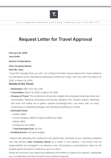 Free Request Letter for Travel Approval Template to Edit Online