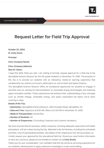 Free Request Letter for Field Trip Approval Template to Edit Online