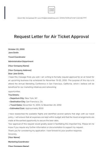 Free Request Letter for Air Ticket Approval Template to Edit Online