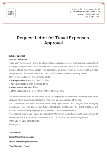 Free Request Letter for Travel Expenses Approval Template to Edit Online
