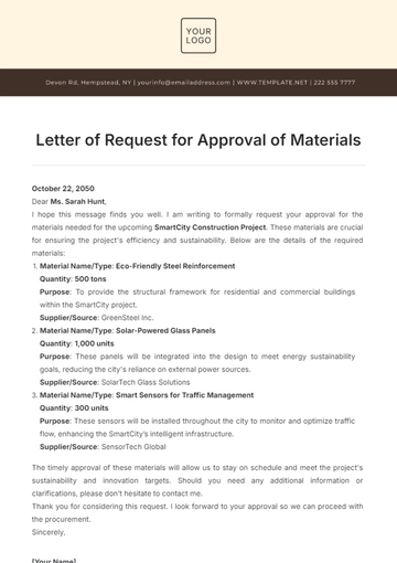 Free Letter of Request for Approval of Materials Template to Edit Online