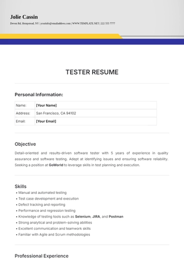 Free Tester Resume Template to Edit Online