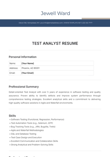 Free Test Analyst Resume Template to Edit Online