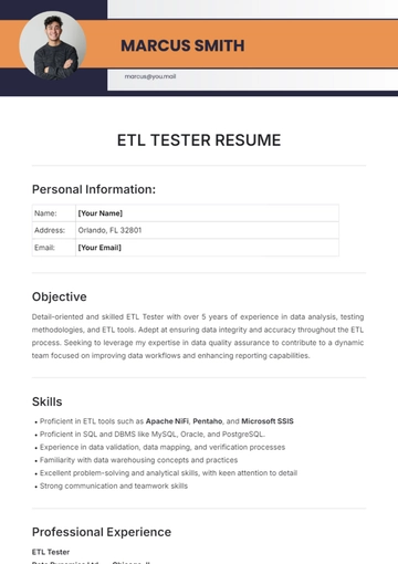 Free ETL Tester Resume Template to Edit Online