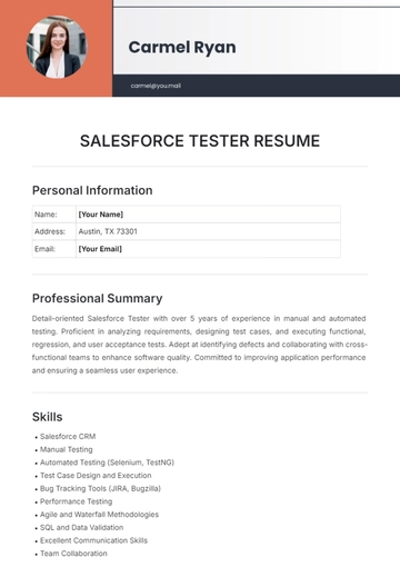 Free Salesforce Tester Resume Template to Edit Online