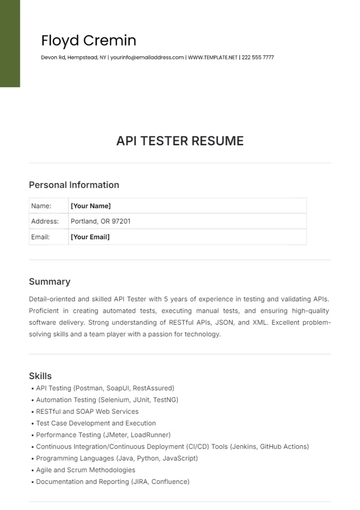 Free API Tester Resume Template to Edit Online