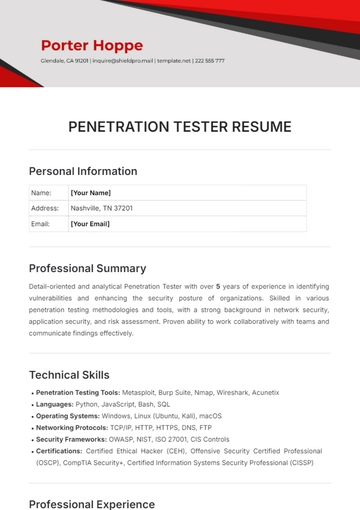 Free Penetration Tester Resume Template to Edit Online