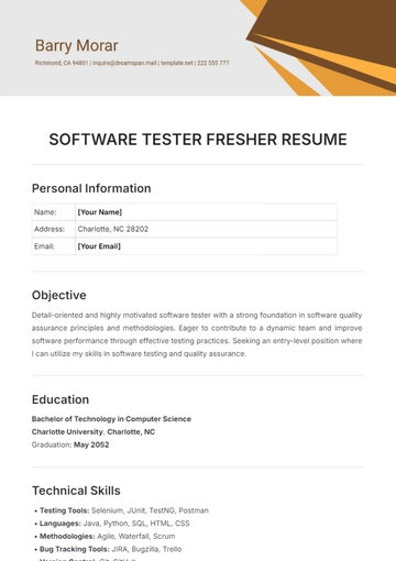 Free Software Tester Fresher Resume Template to Edit Online
