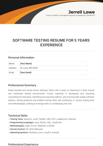 Free Software Testing Resume for 5 Years Experience Template to Edit Online