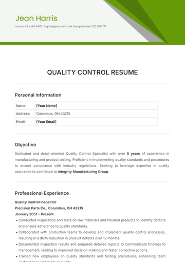Free Quality Control Resume Template to Edit Online