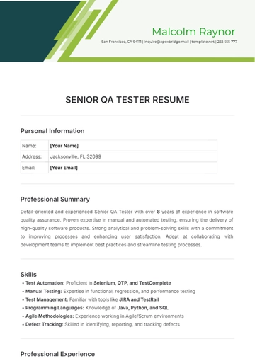 Free Senior QA Tester Resume Template to Edit Online