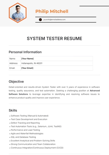 Free System Tester Resume Template to Edit Online