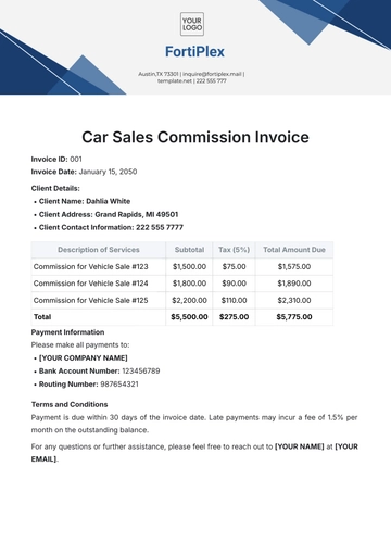 Free Car Sales Commission Invoice Template to Edit Online