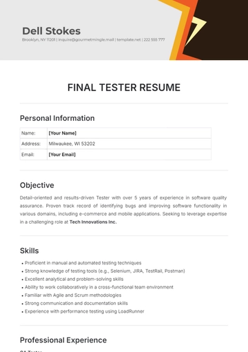 Free Final Tester Resume Template to Edit Online