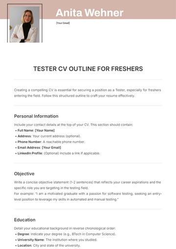 Free Tester CV Outline for Freshers Template to Edit Online
