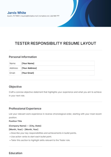 Free Tester Responsibilities Resume Layout Template to Edit Online