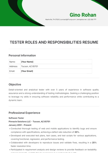 Free Tester Roles and Responsibilities Resume Template to Edit Online
