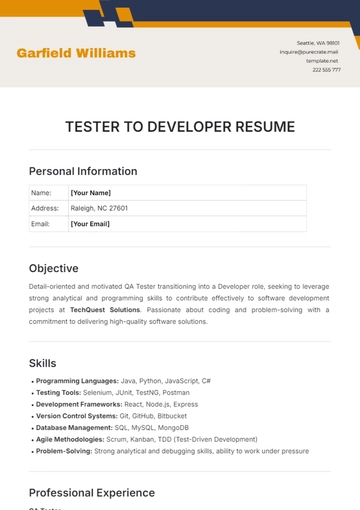 Free Tester to Developer Resume Template to Edit Online