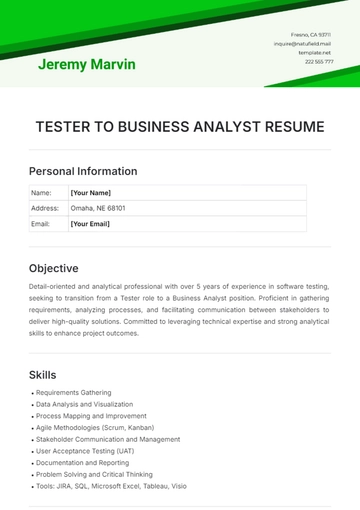 Free Tester to Business Analyst Resume Template to Edit Online