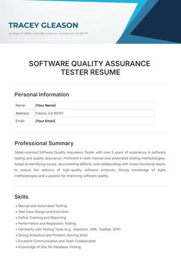 Free Software Quality Assurance Tester Resume Template to Edit Online