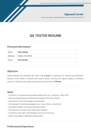 Free QA Tester Resume Template to Edit Online