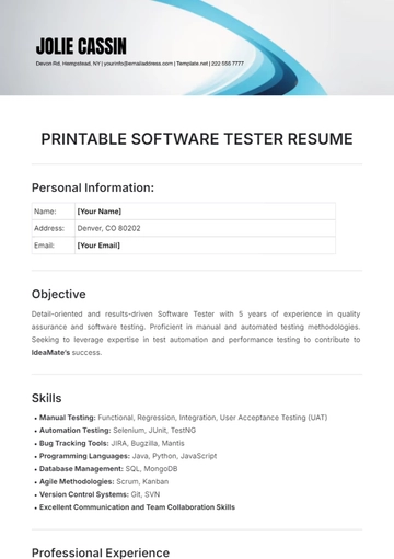 Free Printable Software Tester Resume Template to Edit Online
