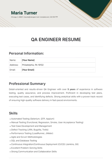 Free QA Engineer Resume Template to Edit Online