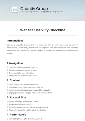 Free Website Usability Checklist Template to Edit Online