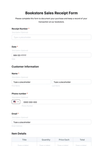 Free Bookstore Sales Receipt Form Template to Edit Online