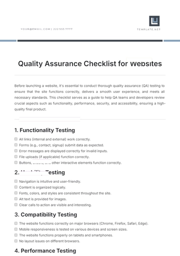 Free Quality Assurance Checklist for Websites Template to Edit Online