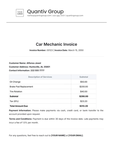 Free Car Mechanic Invoice Template to Edit Online