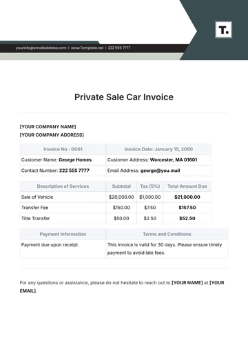 Free Private Sale Car Invoice Template to Edit Online