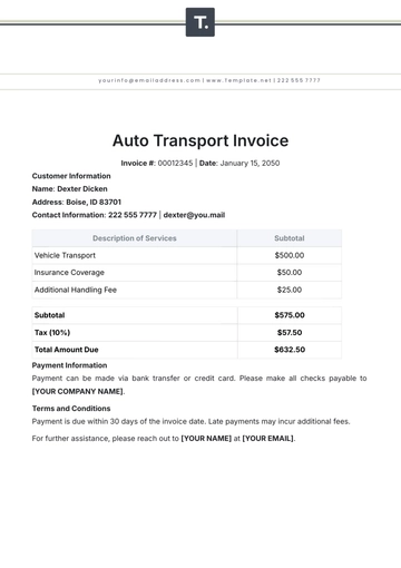 Free Auto Transport Invoice Template to Edit Online