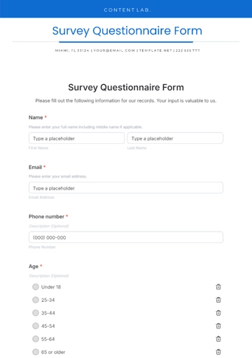 Free Survey Questionnaire Template to Edit Online