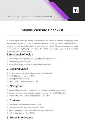 Free Mobile Website Checklist Template to Edit Online