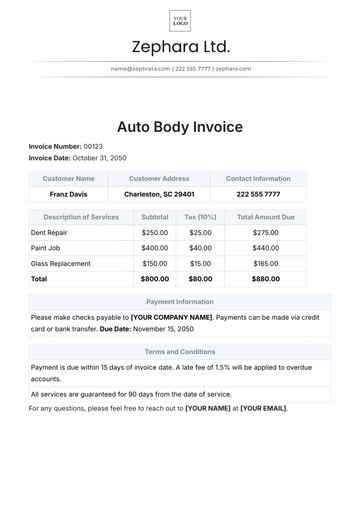 Free Auto Body Invoice Template to Edit Online